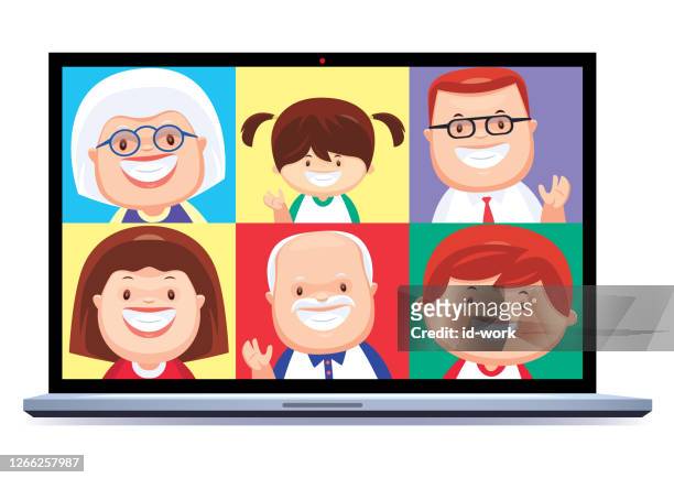 ilustraciones, imágenes clip art, dibujos animados e iconos de stock de chat de vídeo familiar a través de portátil - abuelos y nietos