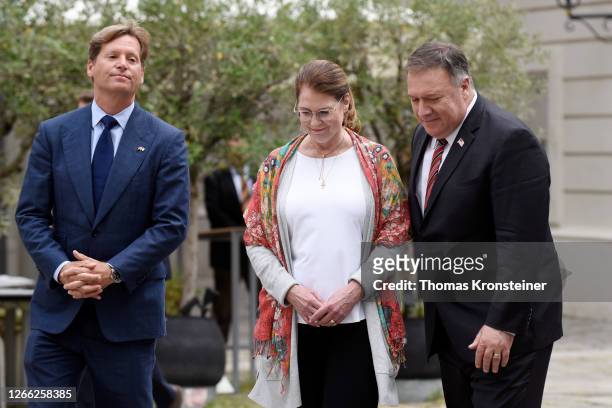 Ambassador to Austria Trevor Traina, Susan Pompeo and U.S. Secretary of State Mike Pompeo participate in a wreath laying ceremony at the Holocaust...