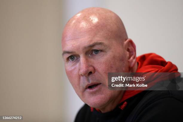 Dragons coach Paul McGregor talks to the media at a press conference following the round 14 NRL match between the Parramatta Eels and the St George...