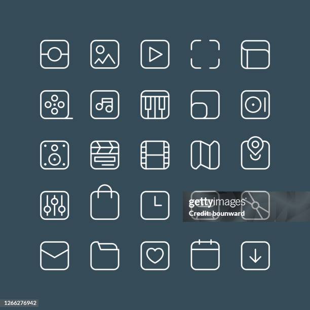 stockillustraties, clipart, cartoons en iconen met bewerkbare lijn multimediaoverzichtpictogrammen - app store logo