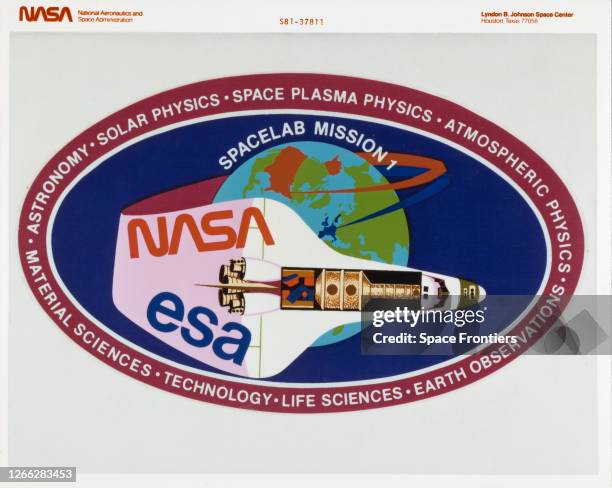 The official insignia for Spacelab Mission 1, a joint venture between the ESA and NASA's STS-9 mission on the Space Shuttle Columbia, February 1983....