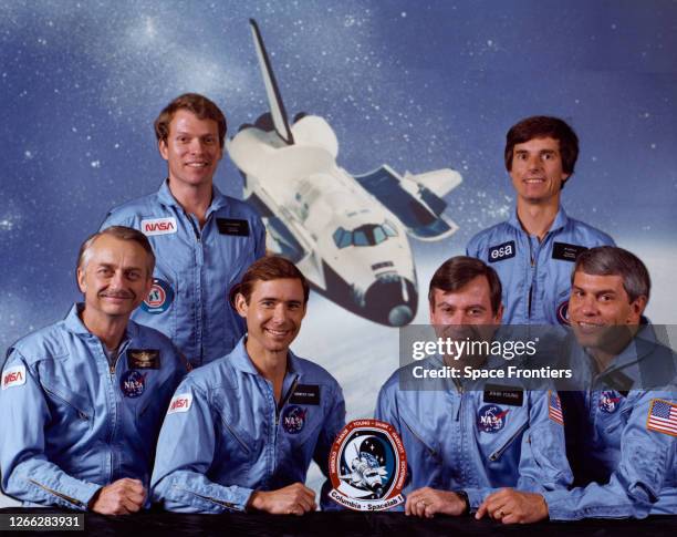 The crew of NASA's STS-9 mission pose at the Johnson Space Center in Houston, Texas, June 1983. They will be manning the Space Shuttle Columbia on...