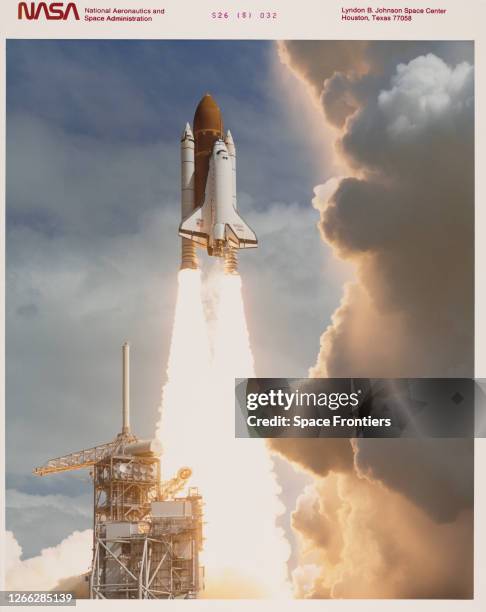 The Space Shuttle Discovery takes off from the Kennedy Space Center in Florida, on NASA's four-day STS-26 mission, 29th September 1988. On board are...