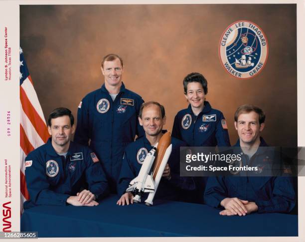 The prime crew of NASA's upcoming STS-30 mission on the Space Shuttle Atlantis, at the Johnson Space Center in Houston, Texas, March 1989. The...