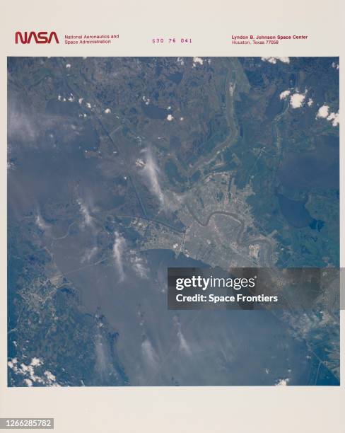 The city of New Orleans on the Mississippi River in Louisiana, as seen from the Space Shuttle Atlantis during NASA's STS-30 mission, 8th May 1989....