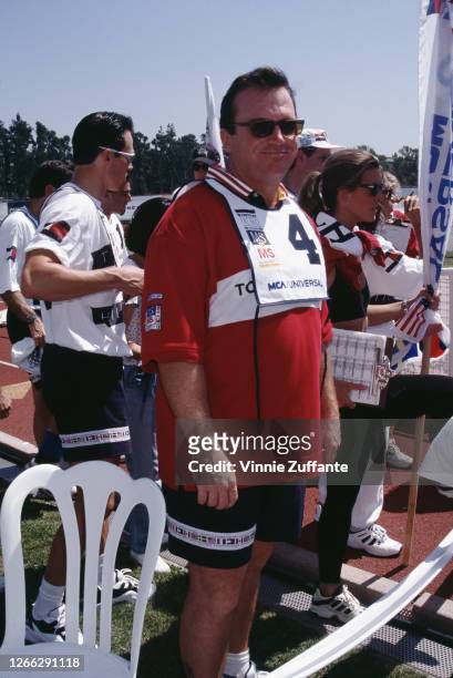 American actor and comedian Tom Arnold at a Race to Erase MS Sports Day in aid of multiple sclerosis research, at UCLA in California, 1996.