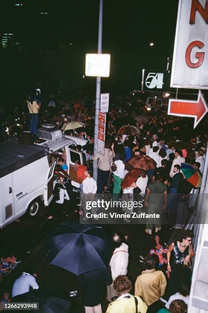 Crowds outside Studio 54, a nightclub on West 54th Street in the Broadway area of New York City, September 1981. The club is reopening after a change...