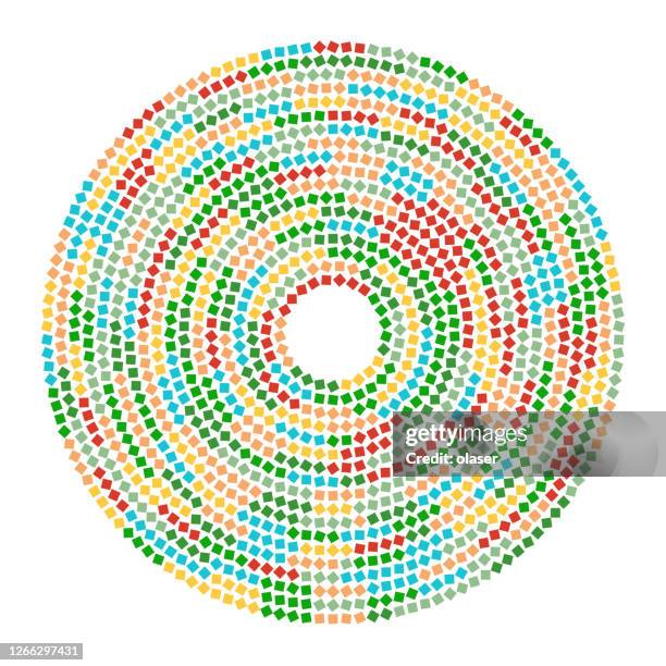 evenly spaced colored square dots along circle tangent. colors from a palette of five. uneven rotation. - virtual fair stock illustrations