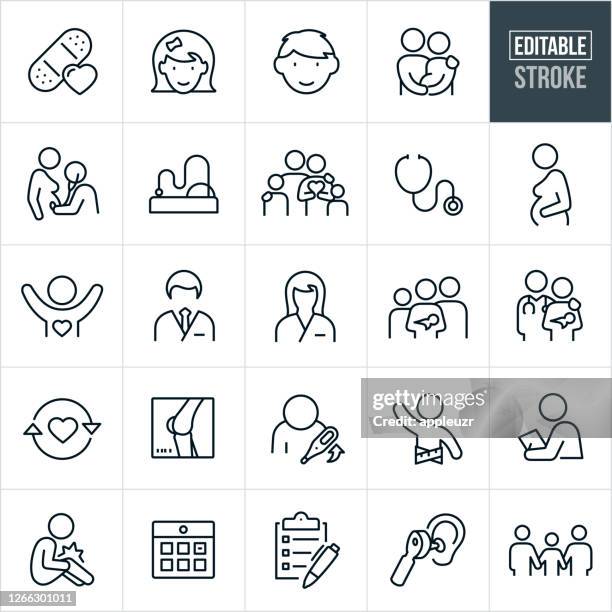 pediatrics thin line icons - editable stroke - family with teenagers stock illustrations