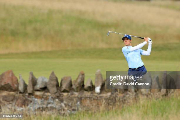 Azahara Munoz of Spain plays her second shot on the 18th hole during the second round of the Aberdeen Standard Investments Ladies Scottish Open at...