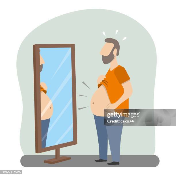 ilustraciones, imágenes clip art, dibujos animados e iconos de stock de gran hombre vientre - espejo