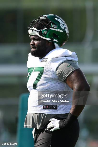 Mekhi Becton of the New York Jets looks on at Atlantic Health Jets Training Center on August 14, 2020 in Florham Park, New Jersey.