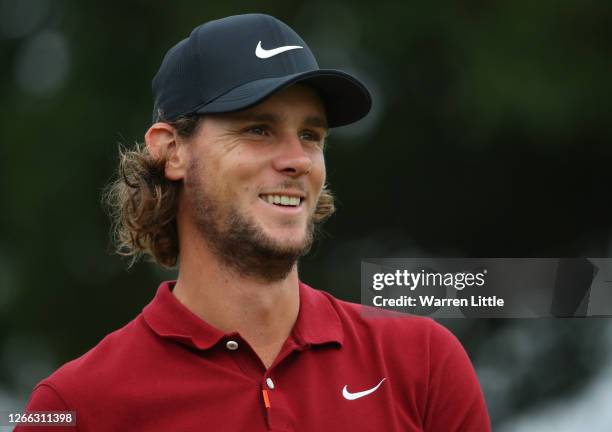 Thomas Pieters of Belgium looks happy on the 18th hole during day two of the Celtic Classic at the Celtic Manor Resort on August 14, 2020 in Newport,...