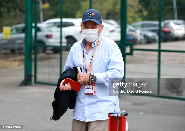 England coach Eddie Jones arrives for the Gallagher Premiership Rugby match between Harlequins and Sale Sharks at Twickenham Stoop on August 14, 2020...