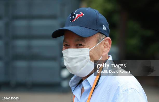 England coach Eddie Jones arrives for the Gallagher Premiership Rugby match between Harlequins and Sale Sharks at Twickenham Stoop on August 14, 2020...