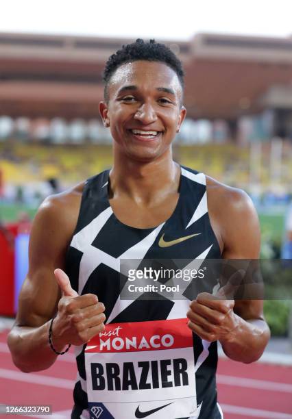 Donavan Brazier of the United States celebrates victory in the Men's 800 metres during the Herculis EBS Monaco 2020 Diamond League meeting at Stade...