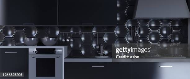 panoramic black kitchen desing - panoramic room photos et images de collection