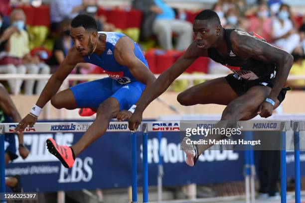 Orlando Ortega of Spain and Grant Holloway of the United States compete in the Mens 110 metres Hurdles during the Herculis EBS Monaco 2020 Diamond...