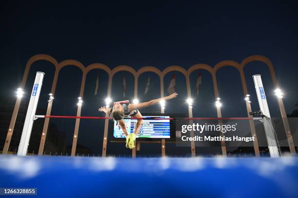 Yaroslava Mahuchikh of Ukraine competes in the Women's High Jump during the Herculis EBS Monaco 2020 Diamond League meeting at Stade Louis II on...