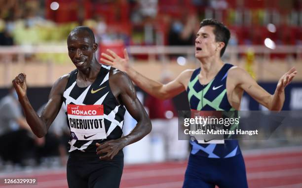 Timothy Cheruiyot of Kenya celebrates victory in the Men's 1500 metres during the Herculis EBS Monaco 2020 Diamond League meeting at Stade Louis II...