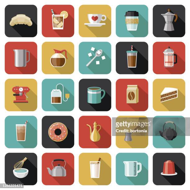 stockillustraties, clipart, cartoons en iconen met koffie- en theepictogramset - capsule café