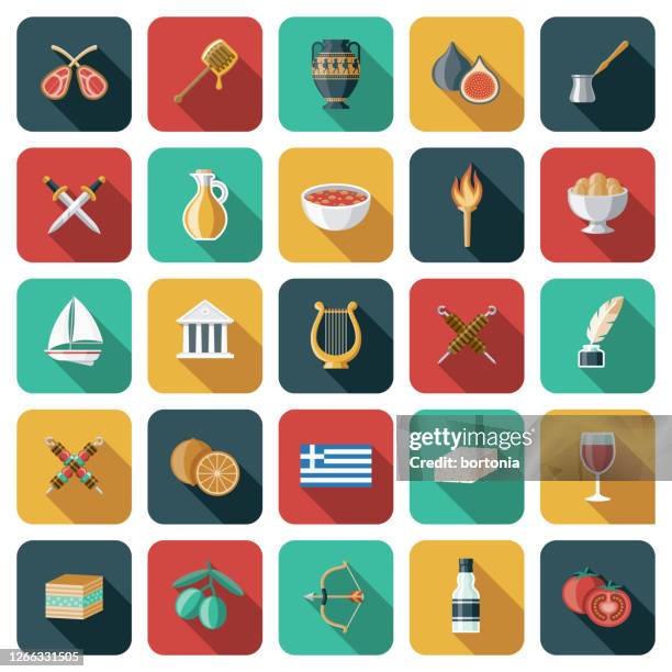 illustrazioni stock, clip art, cartoni animati e icone di tendenza di set di icone grecia - cucina greca