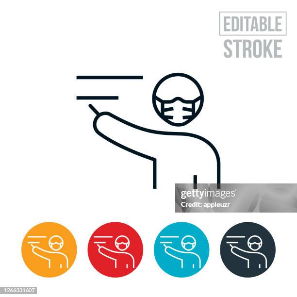 teacher wearing face mask at blackboard thin line icon - editable stroke - school rules stock illustrations