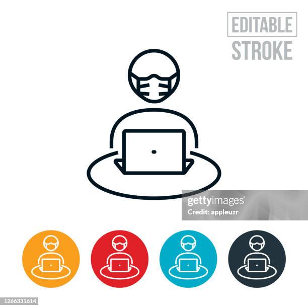 student wearing face at table with book thin line icon - editable stroke - child using computer stock illustrations