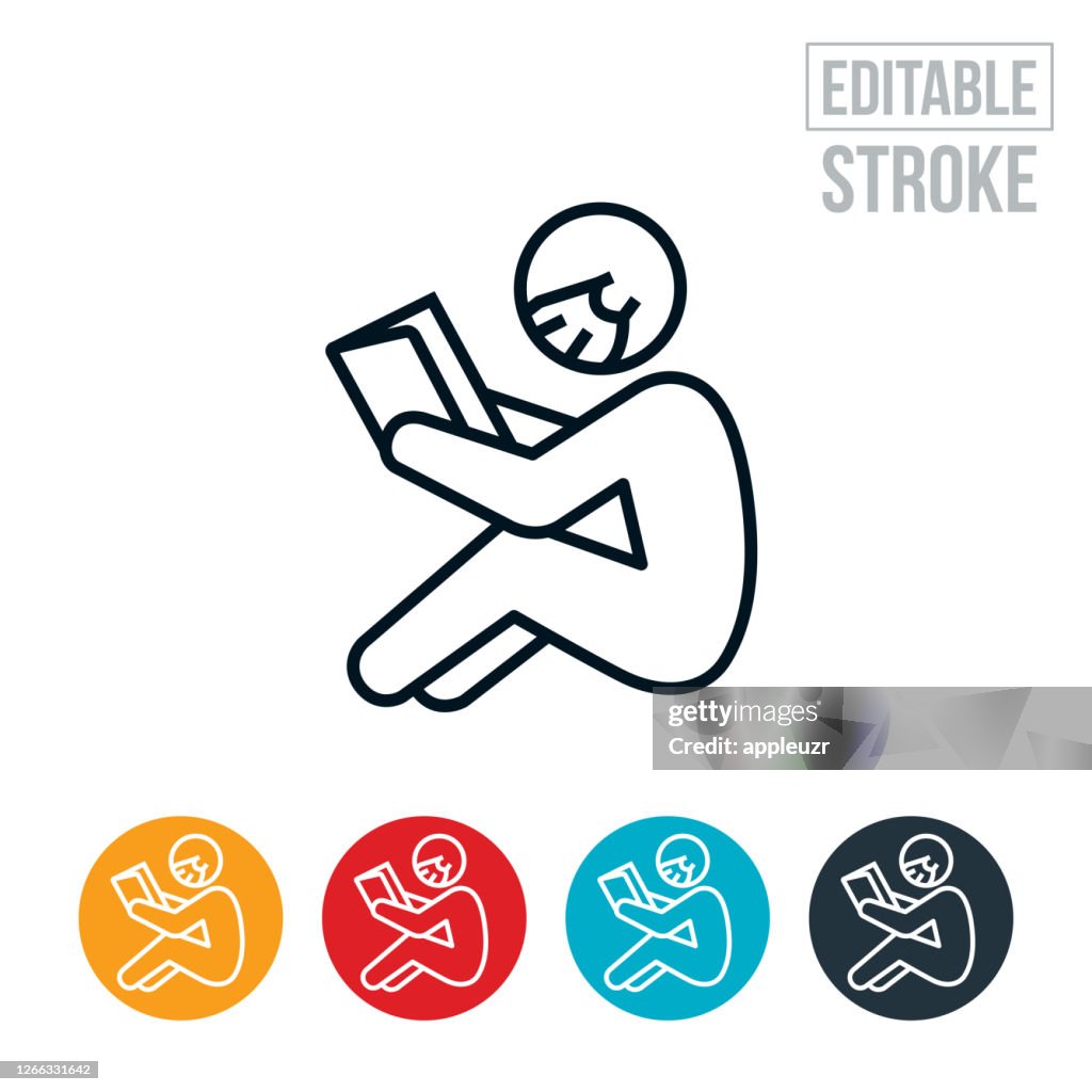 Student Reading Book While Wearing Face Mask Thin Line Icon - Editable Stroke