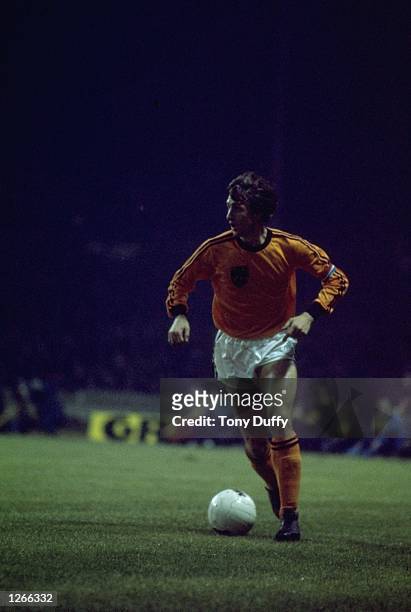 Johan Cruyff of Holland in action during a match against England at Wembley Stadium in London. Holland won the match 2-0. \ Mandatory Credit: Tony...