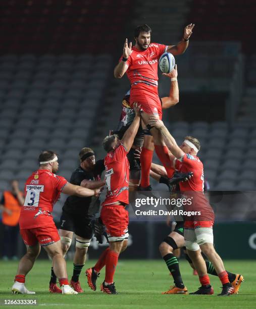 Lood de Jager of Sale Sharks wins the line-out ball during the Gallagher Premiership Rugby match between Harlequins and Sale Sharks at Twickenham...