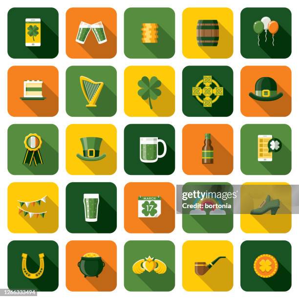 ilustraciones, imágenes clip art, dibujos animados e iconos de stock de set de iconos del día de san patricio - divisa irlandesa