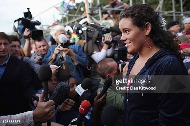 Young traveller speaks to the press at the front of the main gate to the Dale Farm travellers camp at Crays Hill on September 26, 2011 near Basildon,...