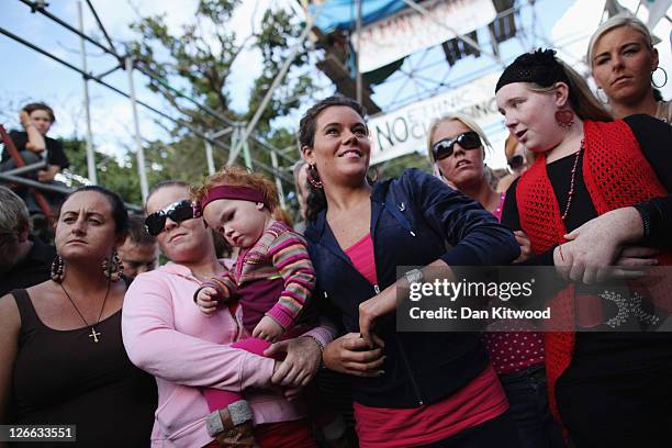 Travellers gather in front of the main gate to the Dale Farm travellers' camp at Crays Hill on September 26, 2011 near Basildon, Essex, England. The...