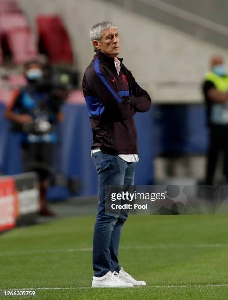 Quique Setien, Head Coach of FC Barcelona looks on during the UEFA Champions League Quarter Final match between Barcelona and Bayern Munich at...