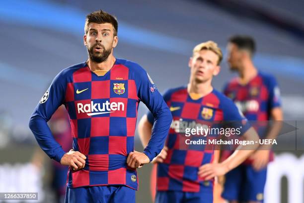 Gerard Pique of FC Barcelona reacts during the UEFA Champions League Quarter Final match between Barcelona and Bayern Munich at Estadio do Sport...