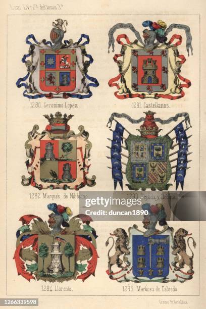 ilustrações de stock, clip art, desenhos animados e ícones de heraldry, coats of arms of spain, 19th century - escudo armamento