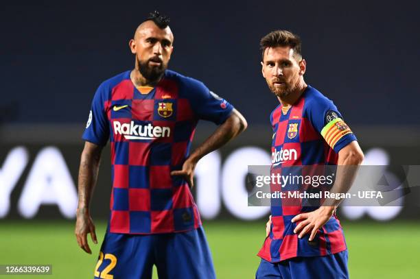 Lionel Messi of FC Barcelona looks on during the UEFA Champions League Quarter Final match between Barcelona and Bayern Munich at Estadio do Sport...