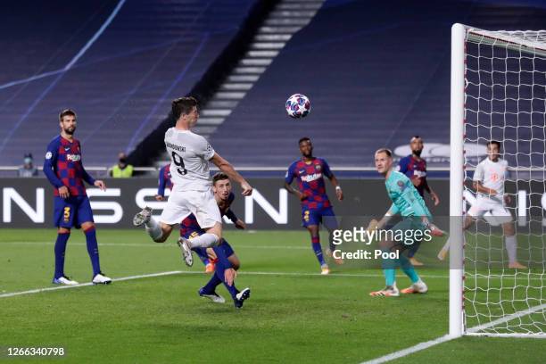 Robert Lewandowski of FC Bayern Munich scores his team's sixth goal during the UEFA Champions League Quarter Final match between Barcelona and Bayern...