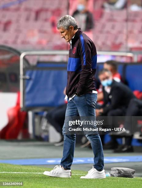 Quique Setien, Head Coach of FC Barcelona looks dejected during the UEFA Champions League Quarter Final match between Barcelona and Bayern Munich at...