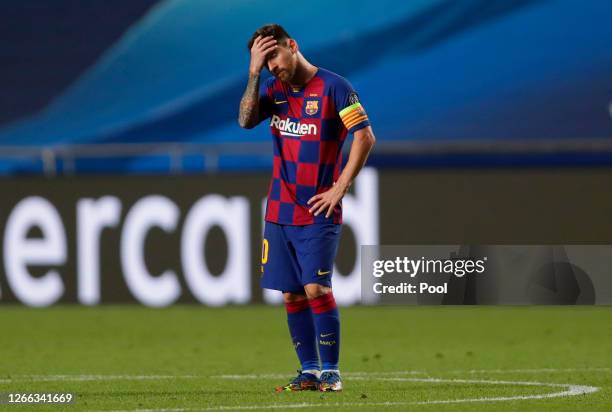 Lionel Messi of FC Barcelona looks dejected during the UEFA Champions League Quarter Final match between Barcelona and Bayern Munich at Estadio do...