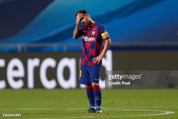 Lionel Messi of FC Barcelona looks dejected during the UEFA Champions League Quarter Final match between Barcelona and Bayern Munich at Estadio do...