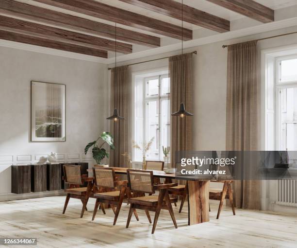 3d rendering of dining area in living room - wood dining table stock pictures, royalty-free photos & images