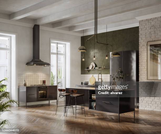 3d-rendering eines geräumigen und offenen kücheninnenraums - indoors stock-fotos und bilder