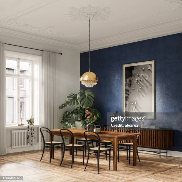 digitally generated image of dining area in a modern home - sala de jantar imagens e fotografias de stock