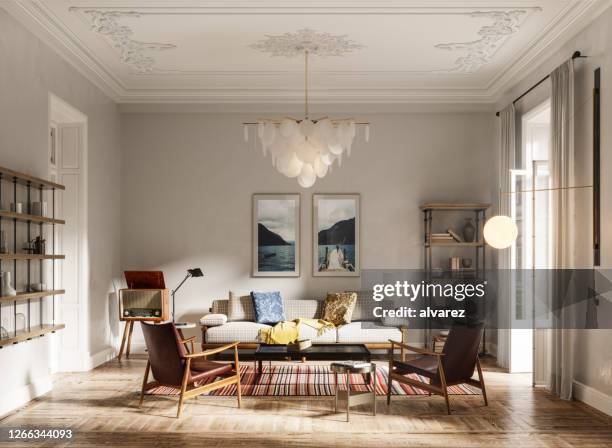 interior of a domestic room in 3d render - chandelier stock pictures, royalty-free photos & images