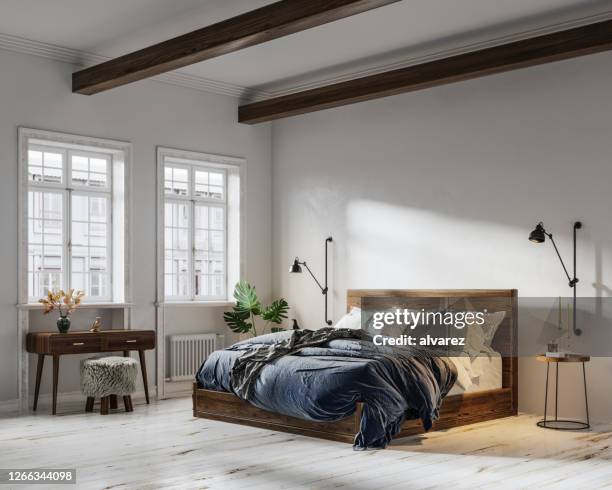 rendering 3d della camera da letto con mobili minimi - bedding foto e immagini stock