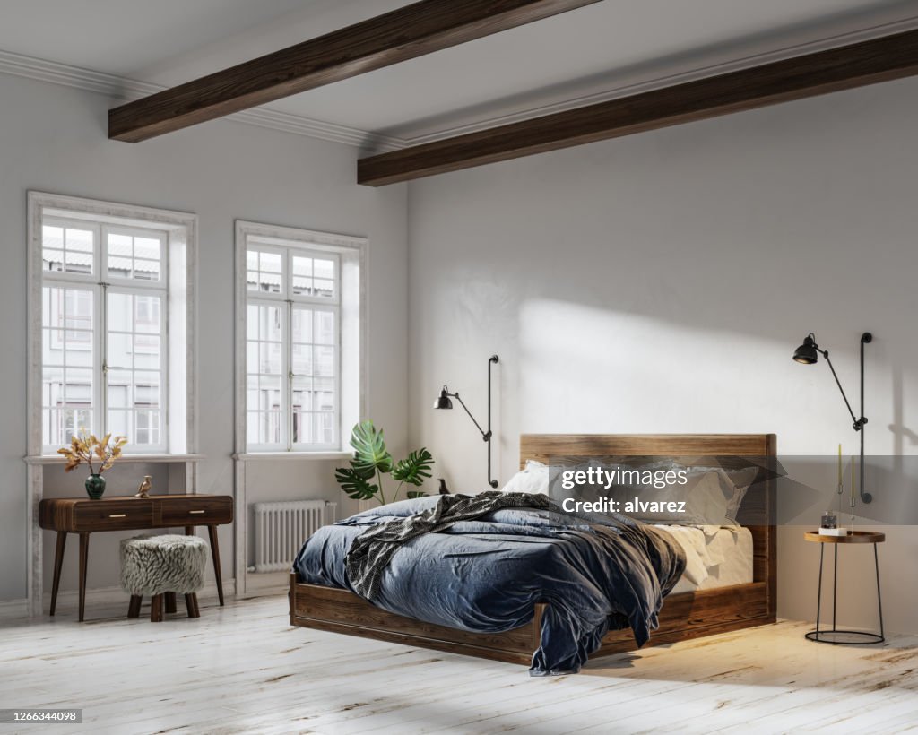 Renderização 3D do quarto com móveis mínimos