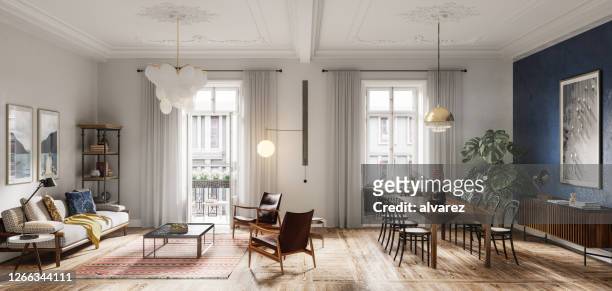design moderno degli interni del soggiorno in 3d - panoramica foto e immagini stock