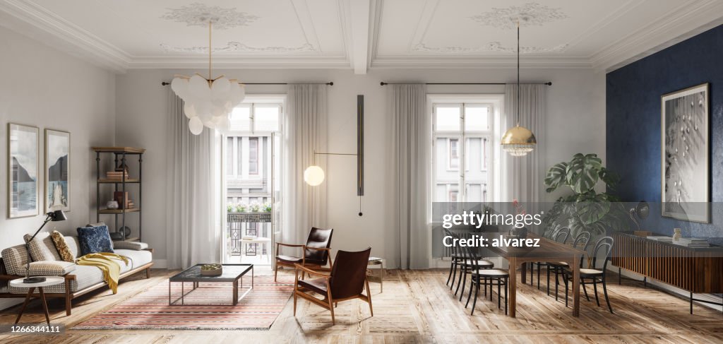 Modern Living Room Interior Design In 3d High-Res Stock Photo - Getty ...